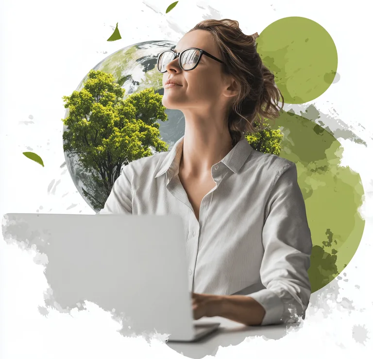 Une dirigeante d’entreprise réfléchit à sa stratégie de transformation digitale devant une composition mêlant planète, forêt et technologies numériques